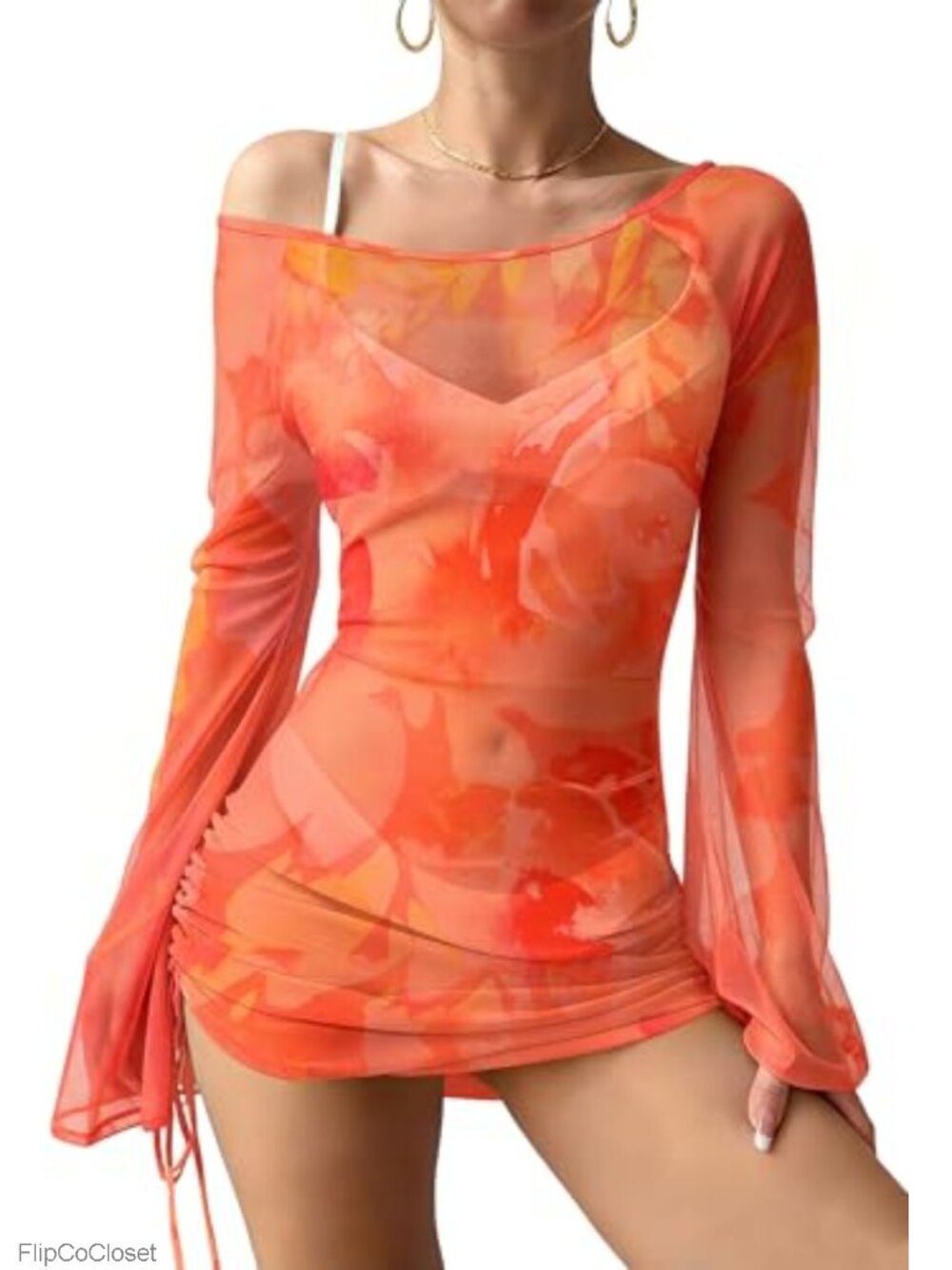 Women's Off Shoulder Sheer Mesh Bell Sleeve Swim Cover Up Beach Dress